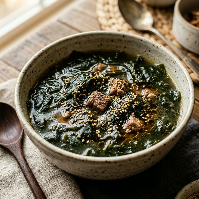 Canh rong biển được bày cùng cơm trắng và các món mặn trên mâm cơm gia đình
